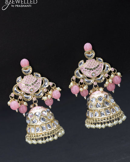 Fashion dangler baby pink jhumkas with kundan stones and pearl hangings