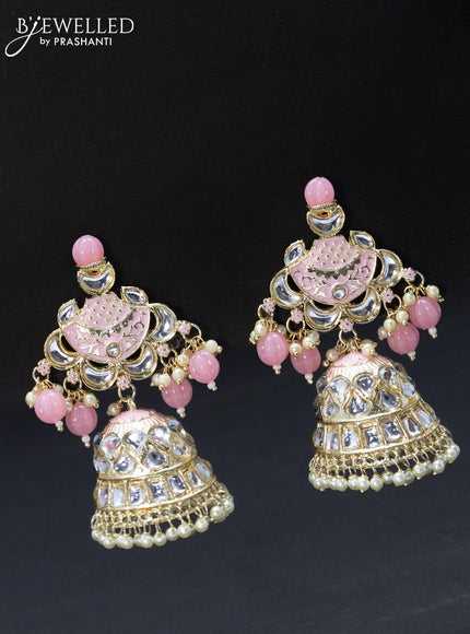 Fashion dangler baby pink jhumkas with kundan stones and pearl hangings