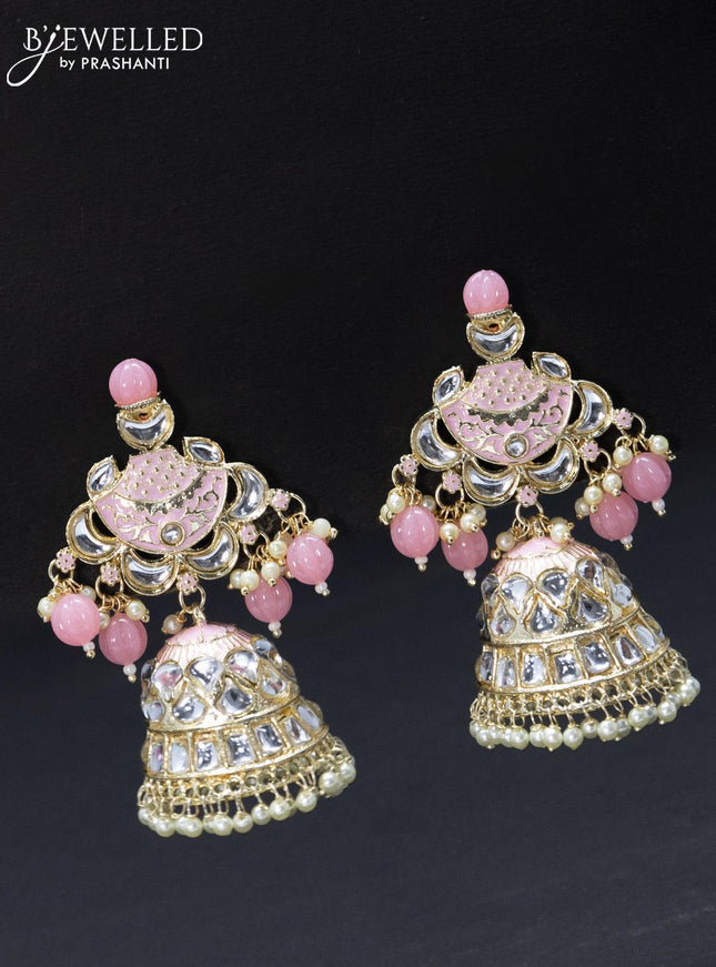 Fashion dangler baby pink jhumkas with kundan stones and pearl hangings