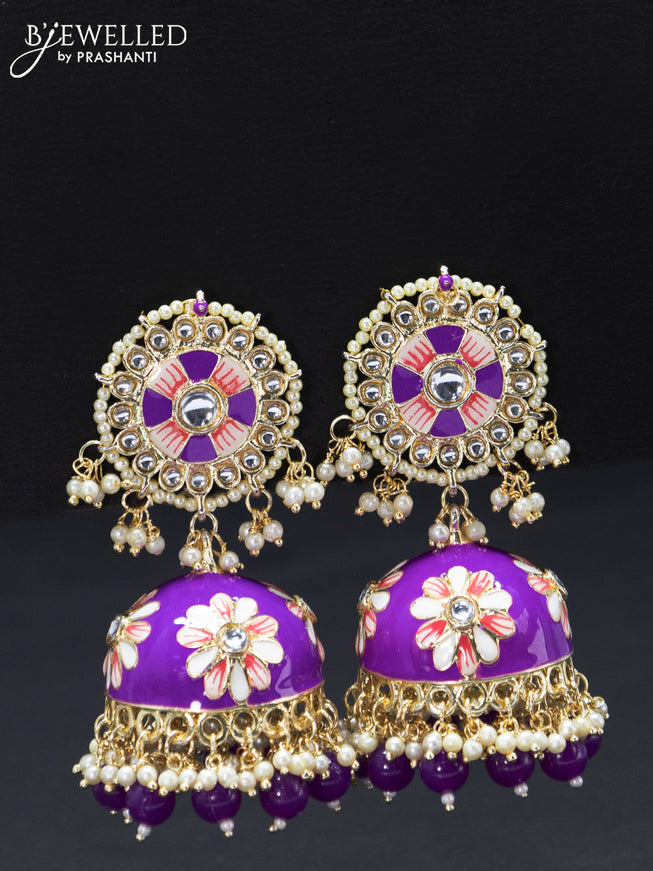 Fashion dangler minakari violet jhumkas with pearl hangings