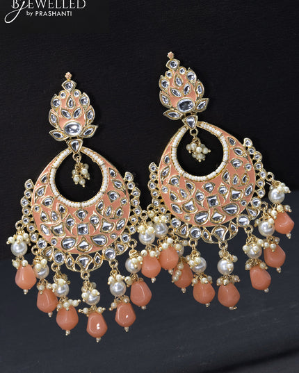 Fashion dangler chandbali peach minakari earrings with pearl hangings