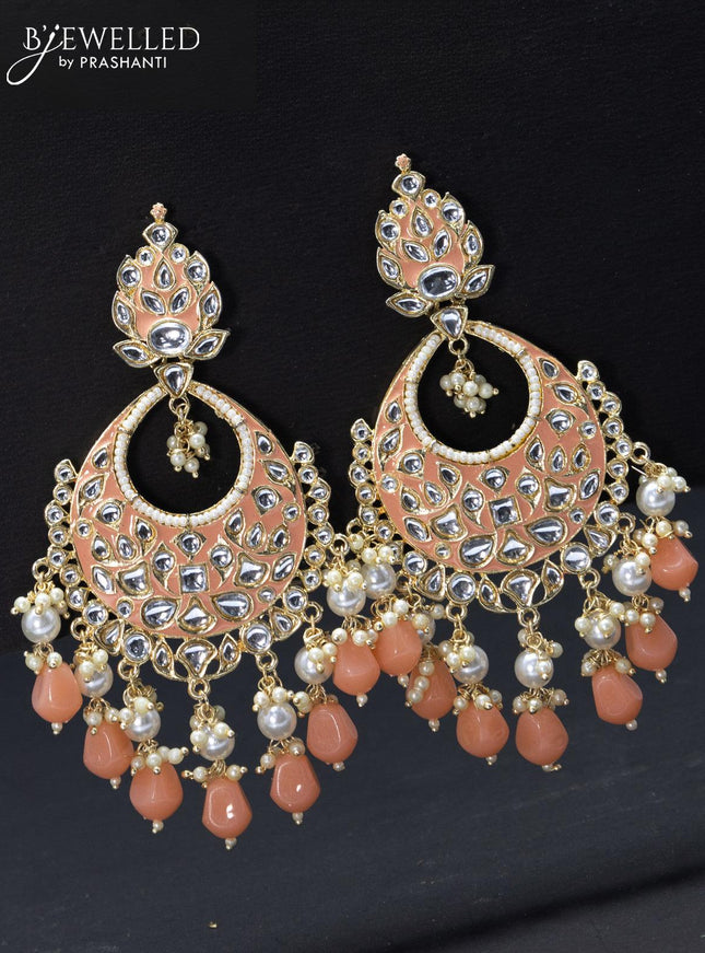 Fashion dangler chandbali peach minakari earrings with pearl hangings