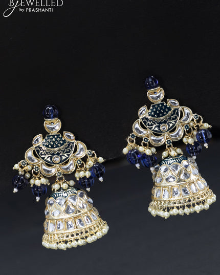 Fashion dangler blue jhumkas with kundan stones and pearl hangings
