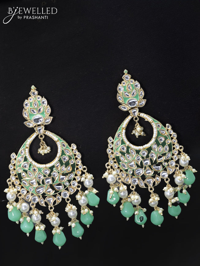 Fashion dangler chandbali mint green minakari earrings with pearl hangings