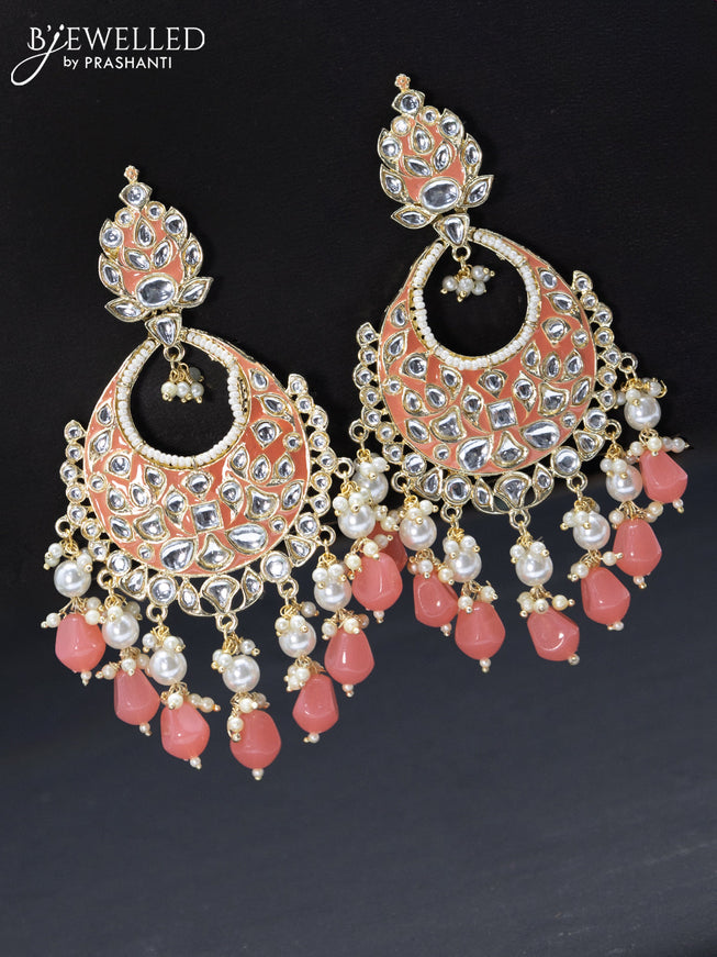 Fashion dangler chandbali peach pink minakari earrings with pearl hangings