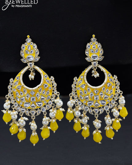Fashion dangler chandbali yellow minakari earrings with pearl hangings