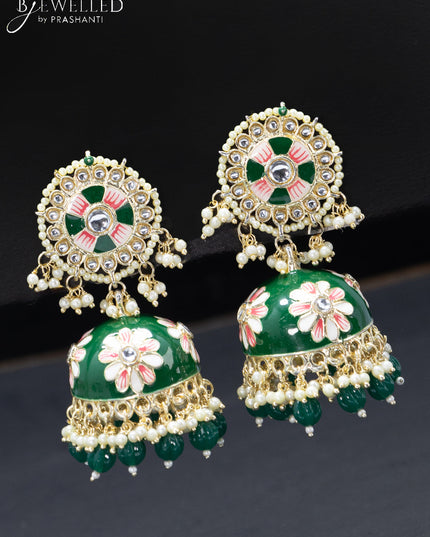 Fashion dangler minakari green jhumkas with pearl hangings