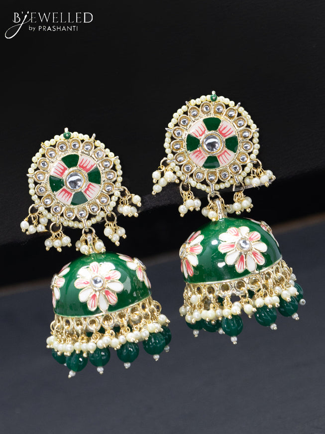 Fashion dangler minakari green jhumkas with pearl hangings