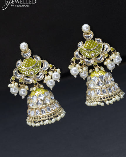 Fashion dangler olive green jhumkas with kundan stones and pearl hangings