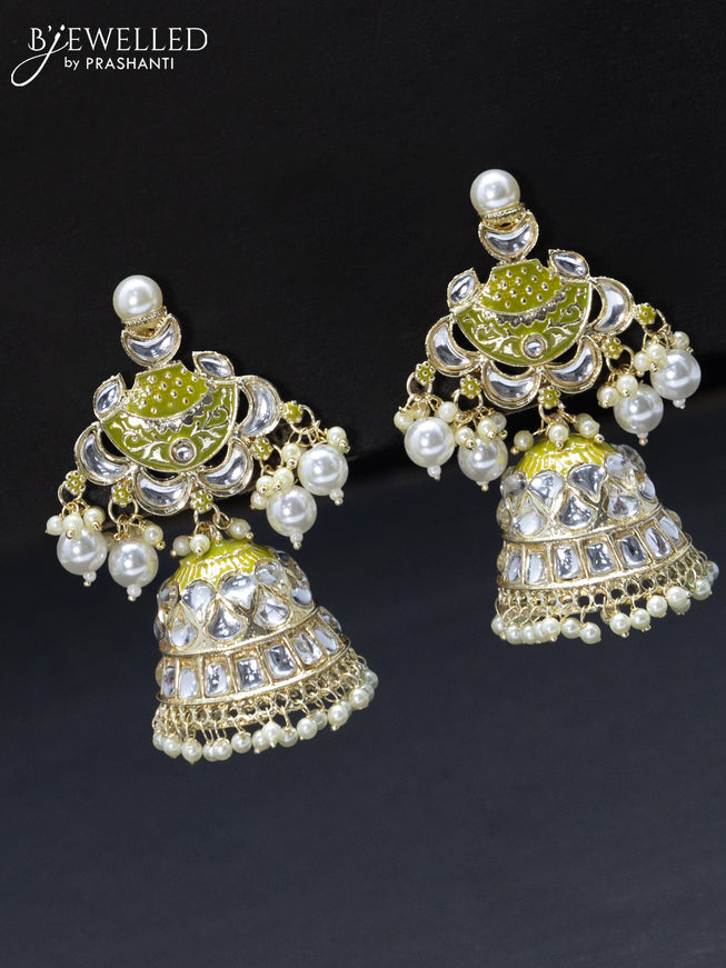 Fashion dangler olive green jhumkas with kundan stones and pearl hangings