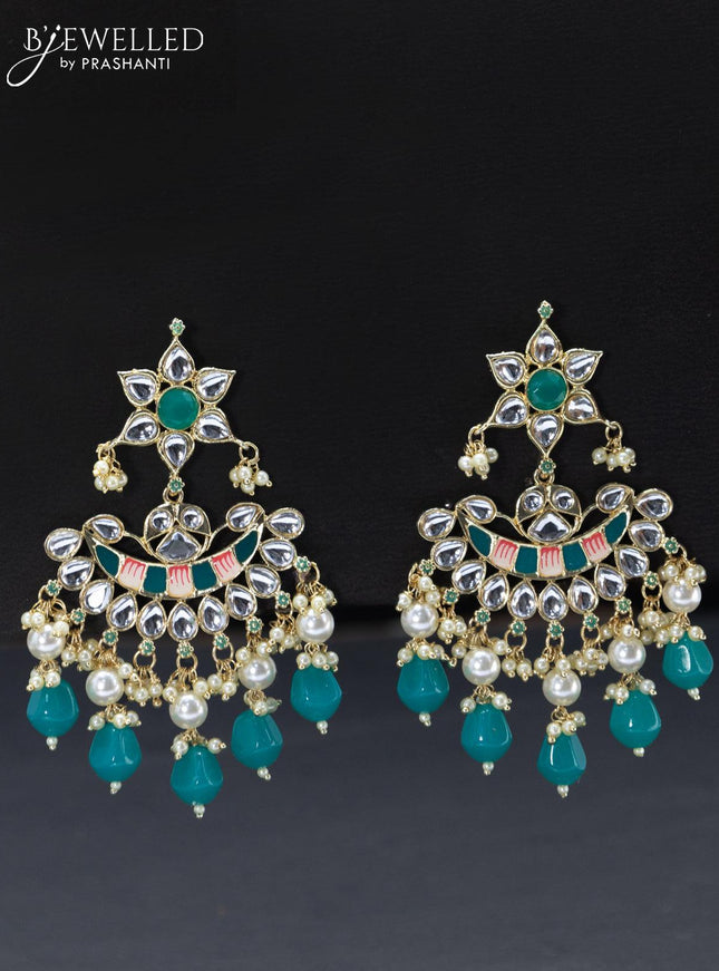 Fashion dangler minakari teal green earrings with pearl hangings