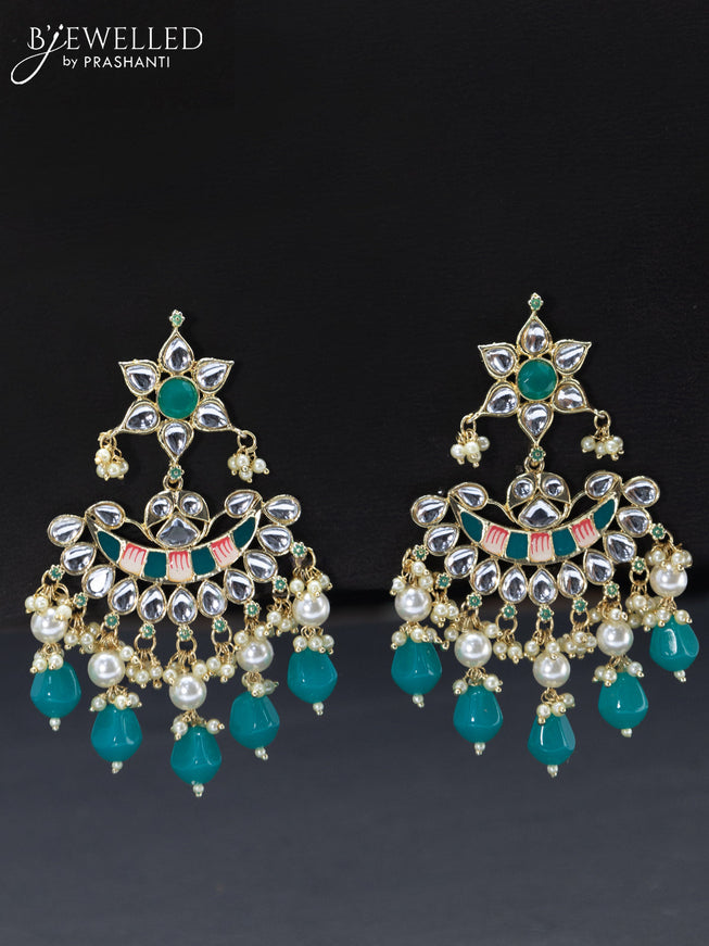 Fashion dangler minakari teal green earrings with pearl hangings