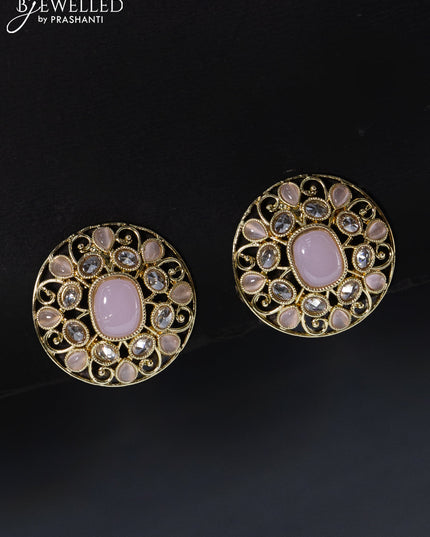 Fashion dangler floral design earrings with cz and baby pink stone