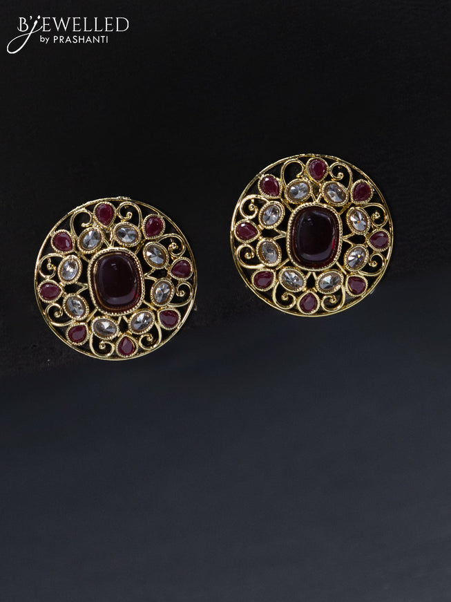 Fashion dangler floral design earrings with cz and maroon stone