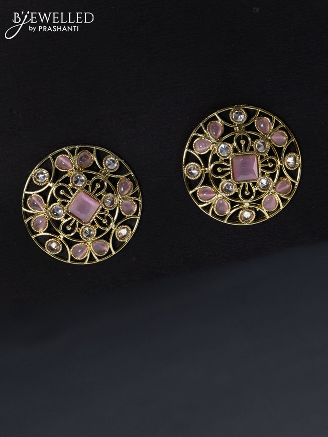 Fashion dangler floral design earrings with cz and baby pink stone