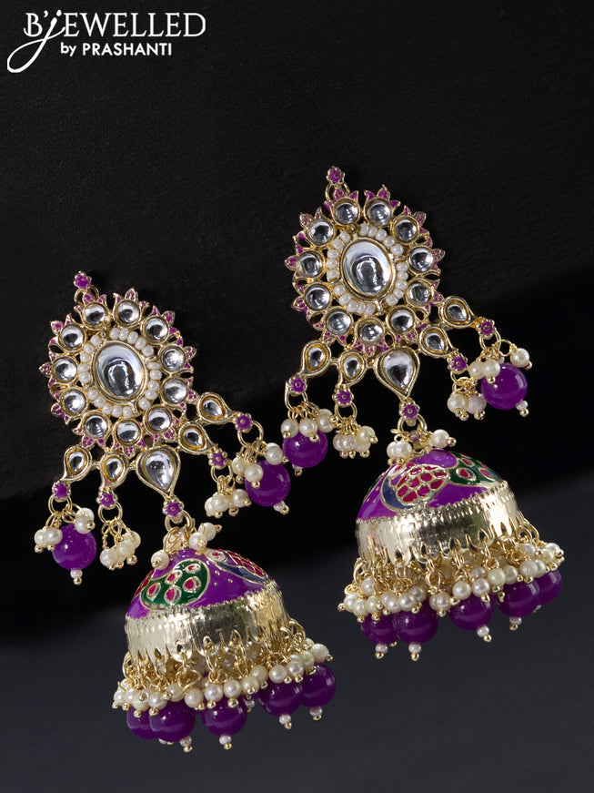 Fashion dangler purple jhumka with kundan stones and pearl hangings