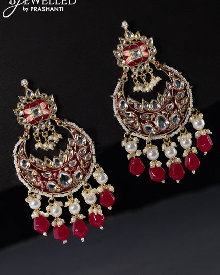 Fashion dangler chandbali dark pink minakari earrings with beads hangings