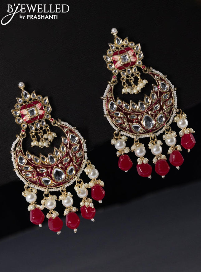 Fashion dangler chandbali dark pink minakari earrings with beads hangings