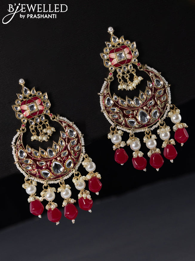 Fashion dangler chandbali dark pink minakari earrings with beads hangings