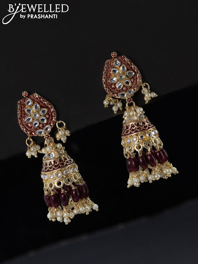 Fashion dangler maroon jhumka with kundan stones and pearl hangings