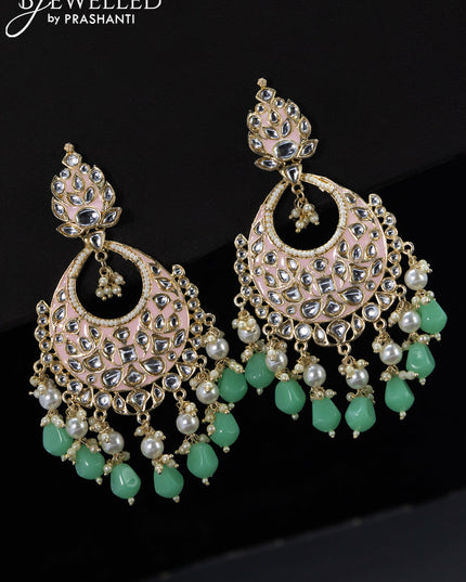 Fashion dangler chandbali peach pink minakari earrings with light green beads hangings