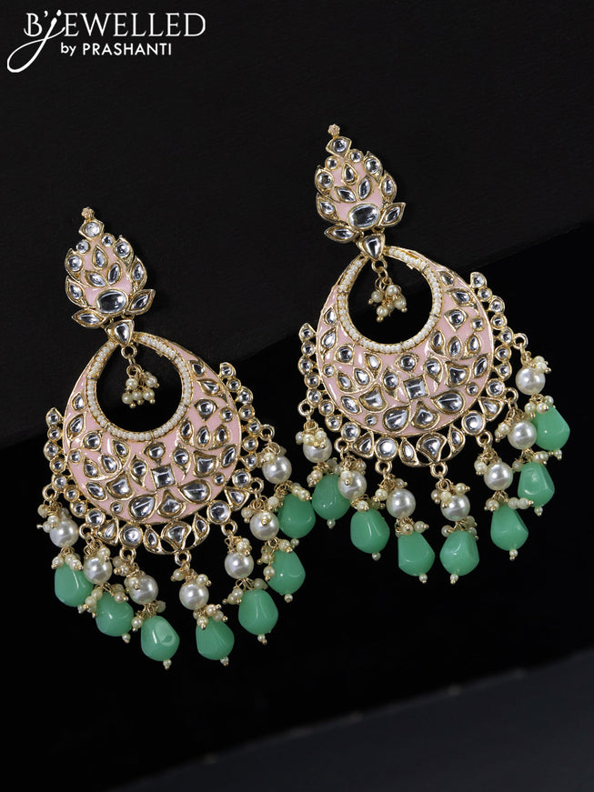 Fashion dangler chandbali peach pink minakari earrings with light green beads hangings