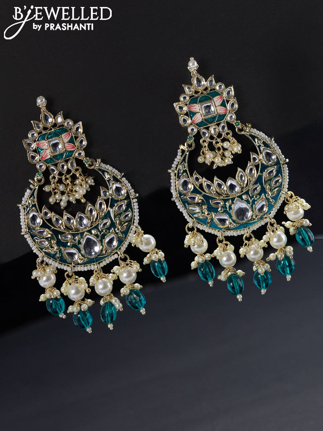 Fashion dangler chandbali peacock green minakari earrings with beads hangings