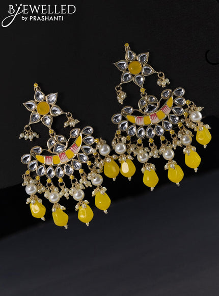 Fashion dangler yellow minakari earrings with kundan stonesbeads hangings