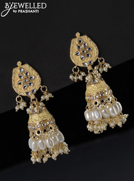 Fashion dangler cream minakari jhumka with kundan stones and pearl hangings