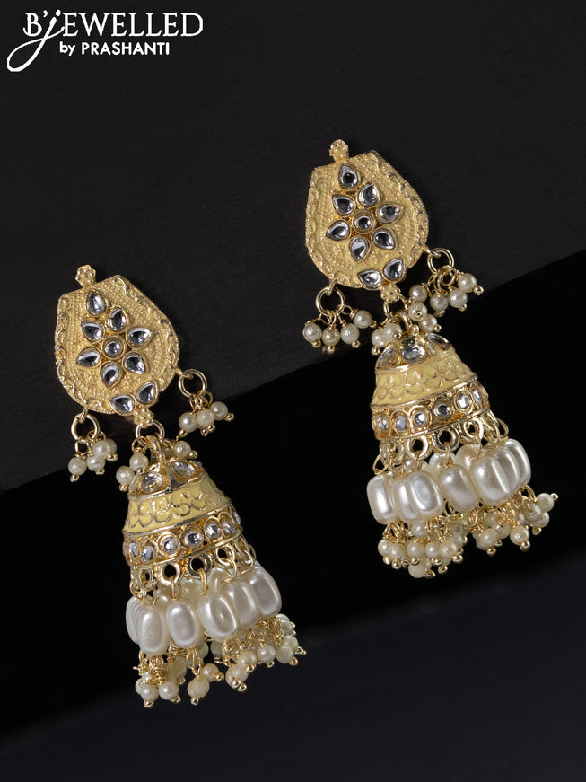 Fashion dangler cream minakari jhumka with kundan stones and pearl hangings