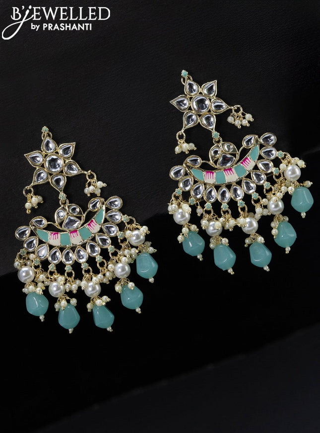 Fashion dangler chandbali ice blue minakari earrings with kundan stones and beads hangings