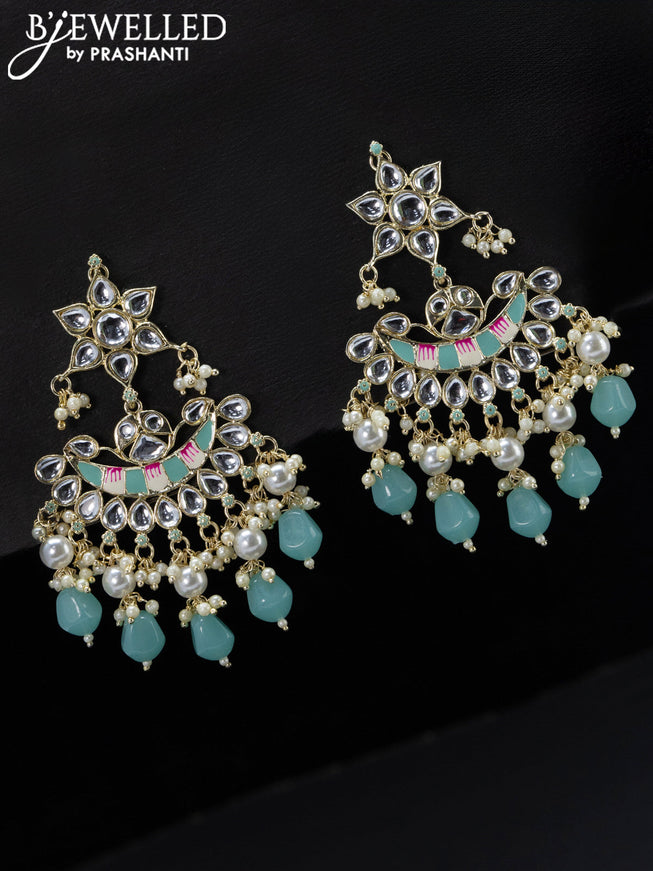 Fashion dangler chandbali ice blue minakari earrings with kundan stones and beads hangings