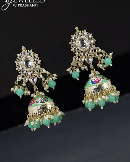 Fashion dangler light green jhumka with kundan stones and pearls & beads hangings