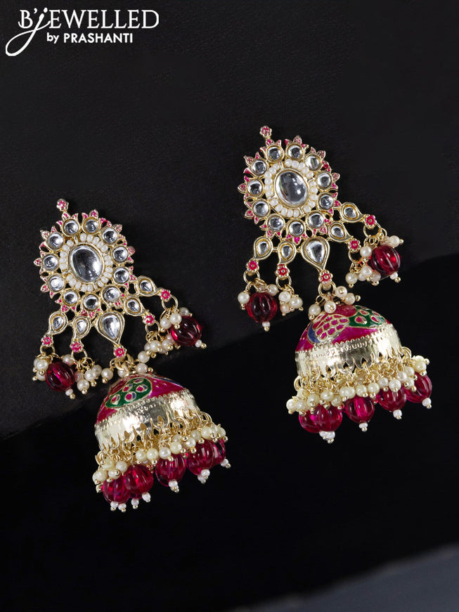 Fashion dangler pink jhumka with kundan stones and pearls & beads hangings