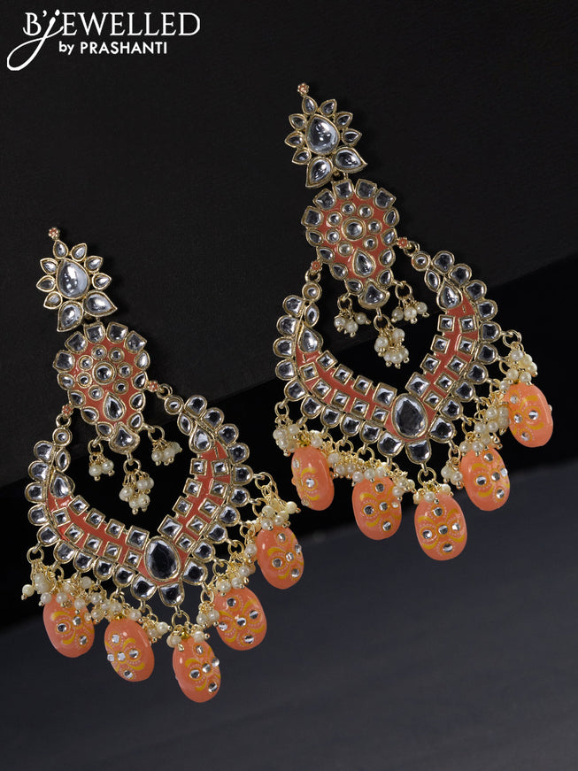 Fashion dangler minakari peach earrings with kundan stones beads hangings