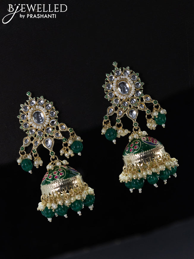 Fashion dangler green jhumka with kundan stones and pearls & beads hangings