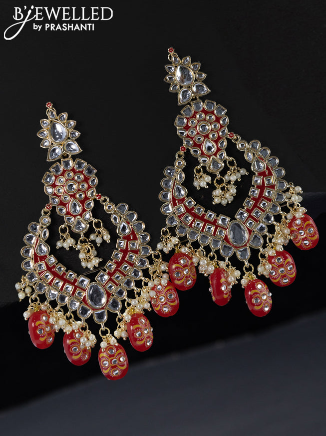 Fashion dangler minakari red earrings with kundan stones beads hangings