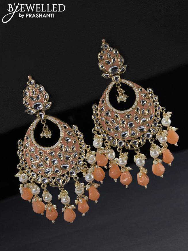Fashion dangler chandbali peach minakari earrings with pearl and beads hangings