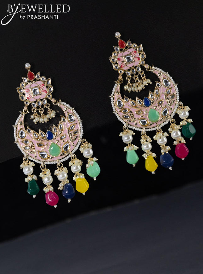Fashion dangler chandbali peach pink minakari earrings with kundan stones and beads hangings