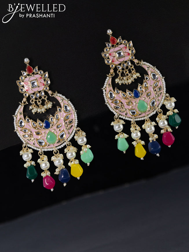 Fashion dangler chandbali peach pink minakari earrings with kundan stones and beads hangings
