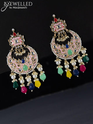 Fashion dangler chandbali peach pink minakari earrings with kundan stones and beads hangings
