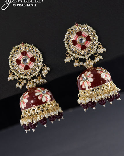 Fashion dangler maroon jhumka with kundan stones and pearls & beads hangings