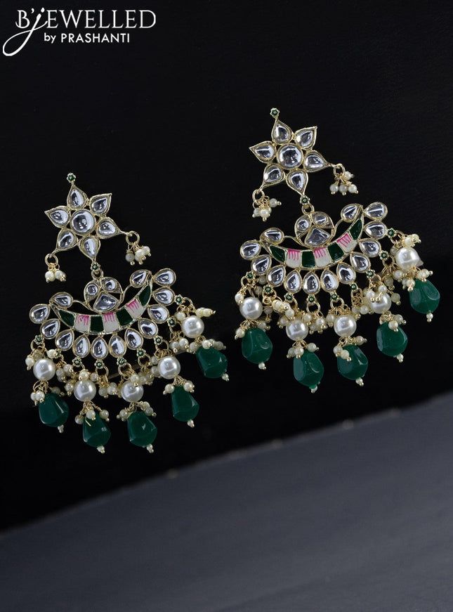 Fashion dangler chandbali green minakari earrings with pearl and beads hangings