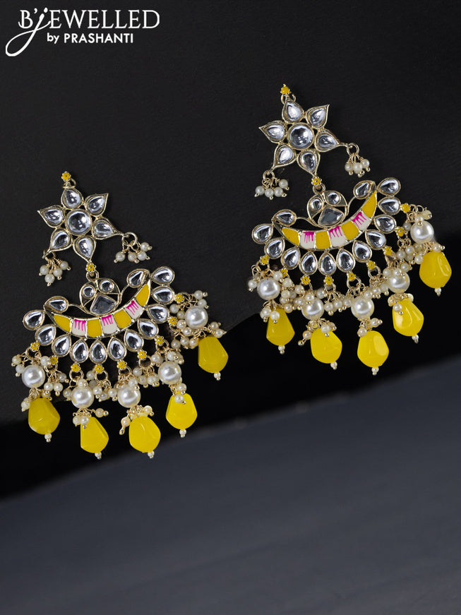 Fashion dangler chandbali yellow minakari earrings with pearl and beads hangings