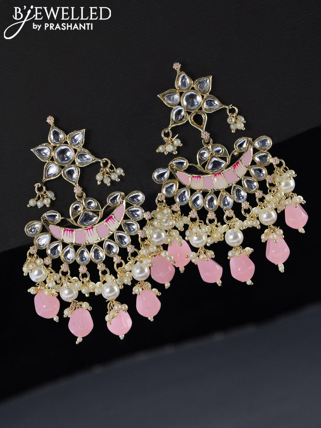 Fashion dangler chandbali baby pink minakari earrings with pearl and beads hangings