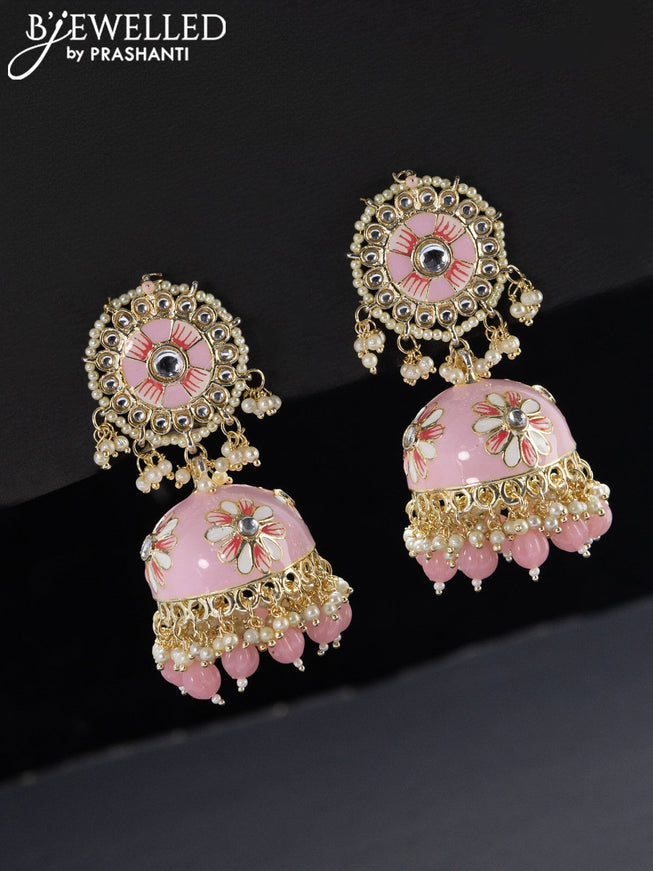 Fashion dangler baby pink jhumka with kundan stones and pearls & beads hangings