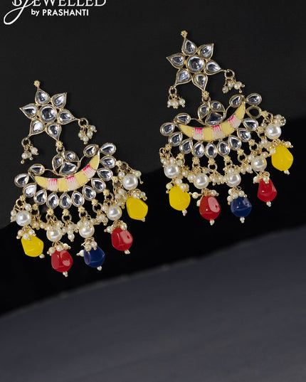 Fashion dangler chandbali cream minakari earrings with kundan stones pearl and beads hangings
