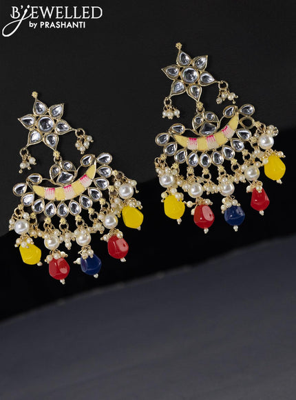 Fashion dangler chandbali cream minakari earrings with kundan stones pearl and beads hangings