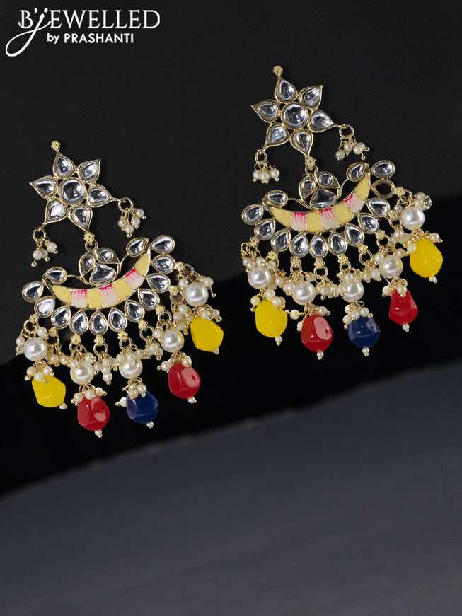 Fashion dangler chandbali cream minakari earrings with kundan stones pearl and beads hangings