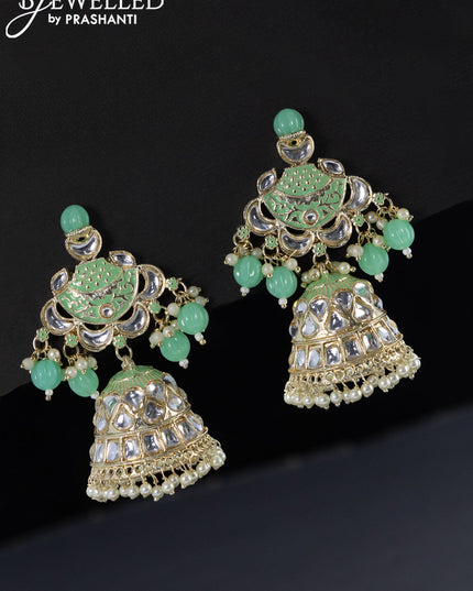 Fashion dangler light green jhumka with kundan stones pearls & beads hangings
